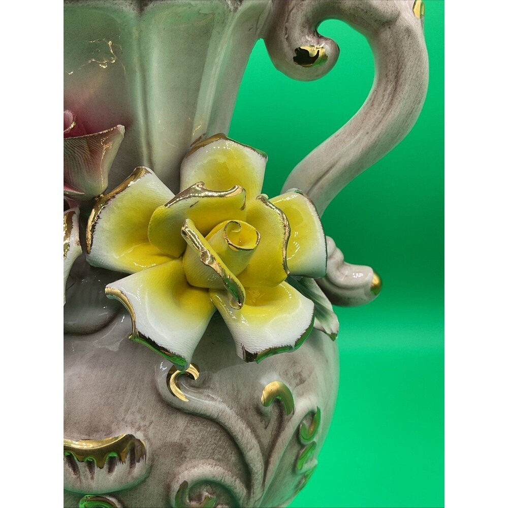 Vintage Porcelain Capodimonie Italian Floral Vase With Three Roses Two Handle - Picture 12 of 17